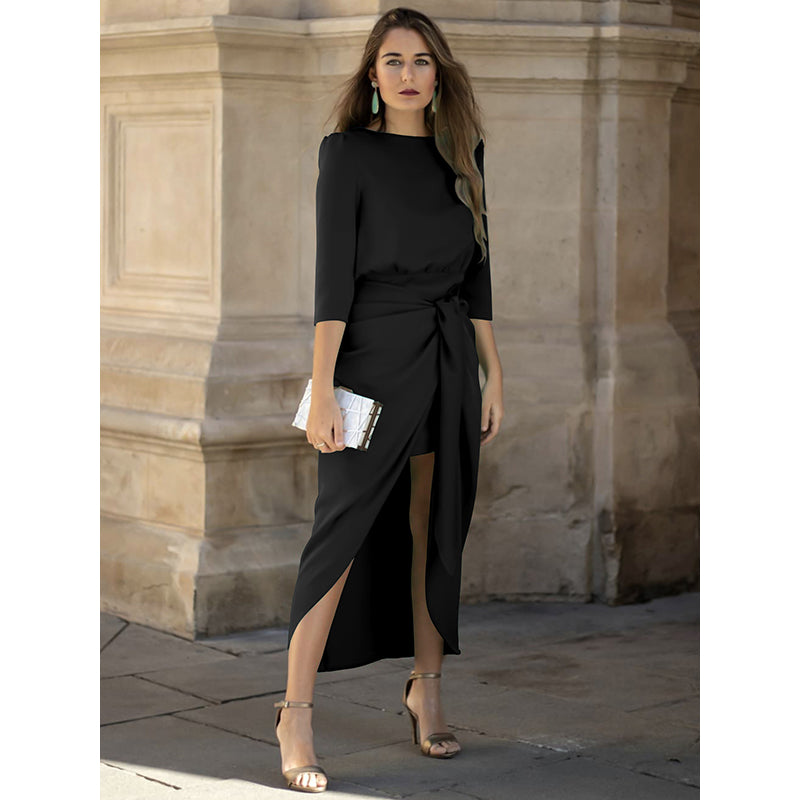 Black Boat Neck Puff Sleeves Sheath Dress