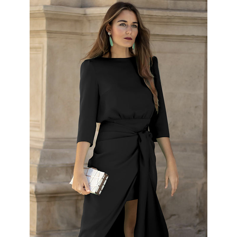 Black Boat Neck Puff Sleeves Sheath Dress