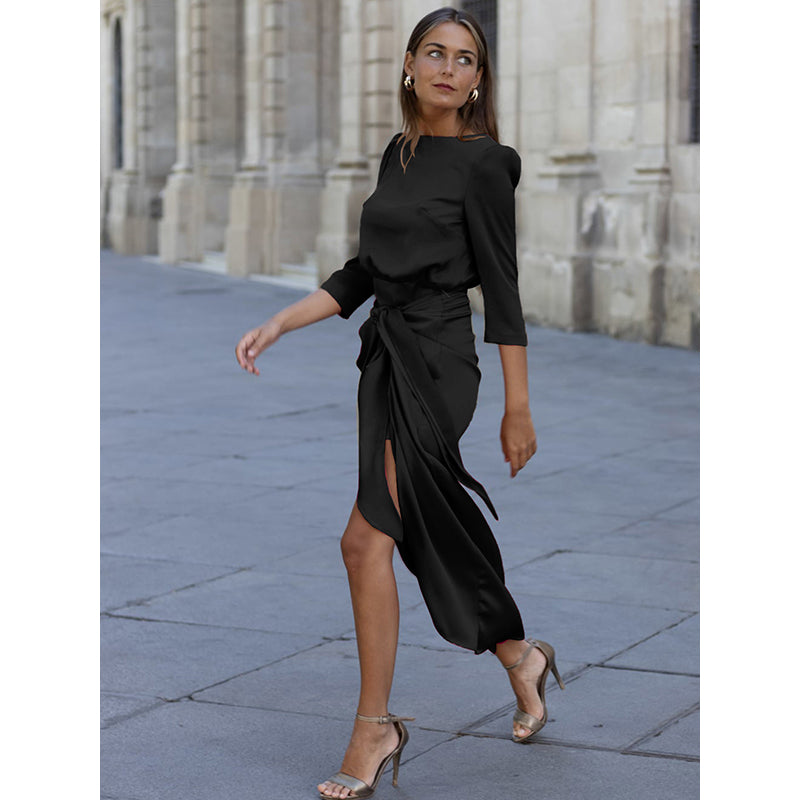Black Boat Neck Puff Sleeves Sheath Dress