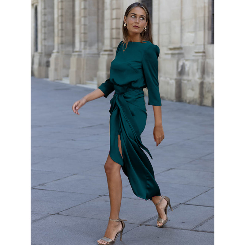 Blue Round Neck Wrap Maxi Dress