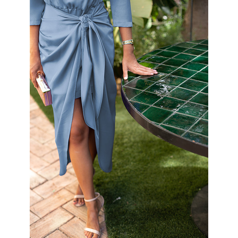 Blue Puff Sleeves Tie-Ups Maxi Dress