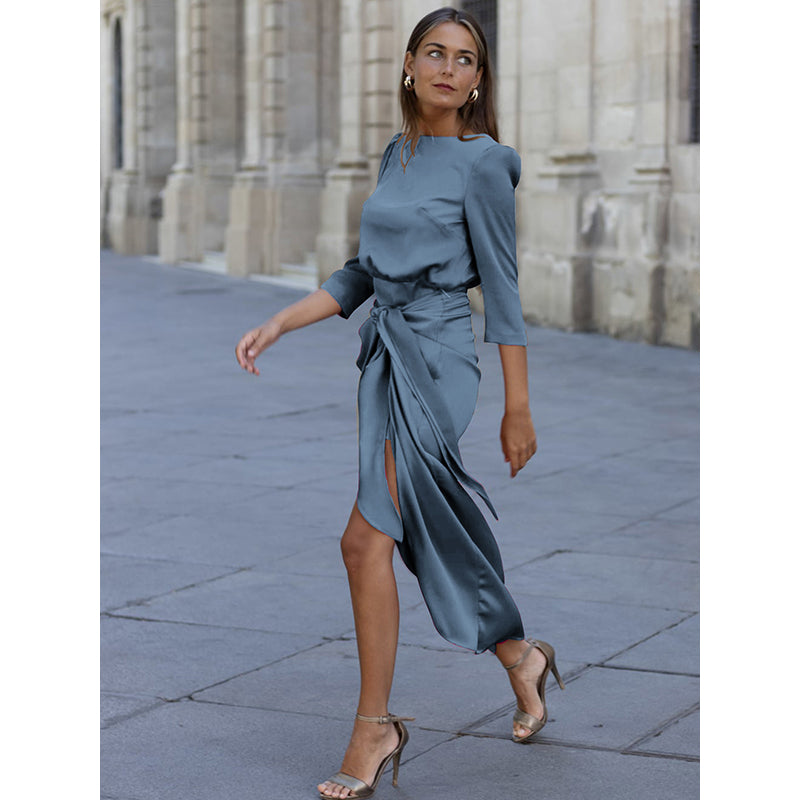 Blue Puff Sleeves Tie-Ups Maxi Dress
