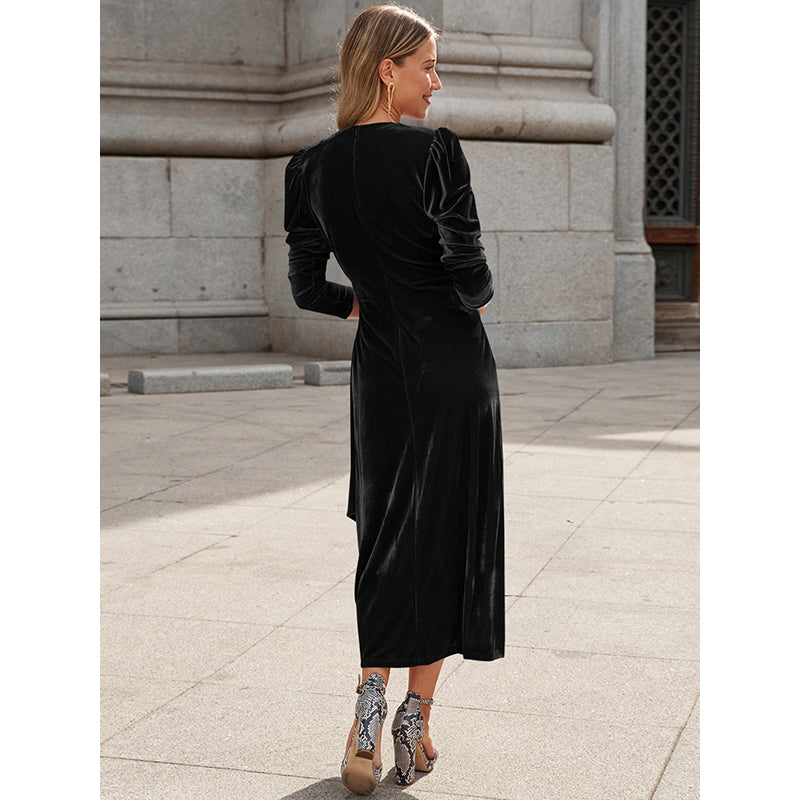 Black V-Neck Puff Sleeves Wrap Dress