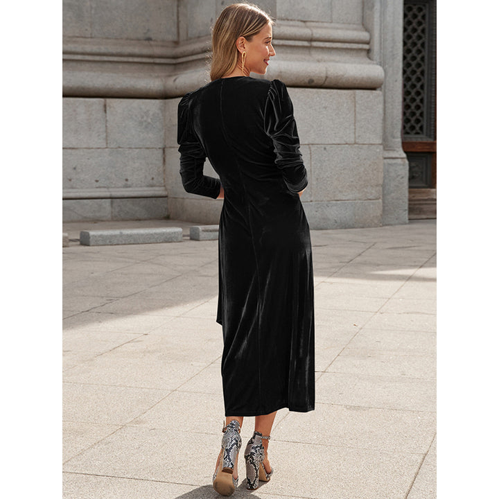 Black V-Neck Puff Sleeves Wrap Dress