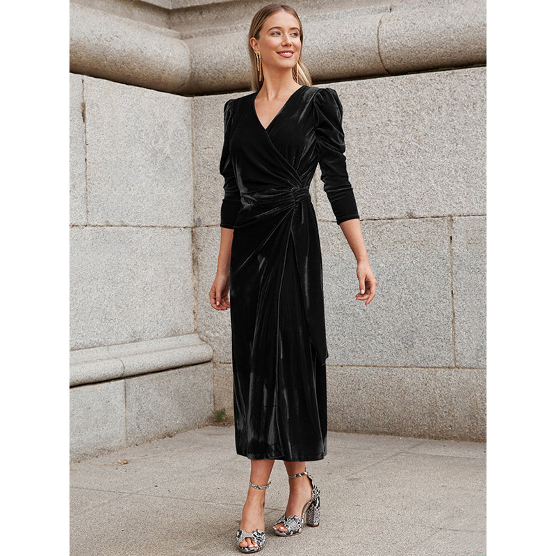 Black V-Neck Puff Sleeves Wrap Dress