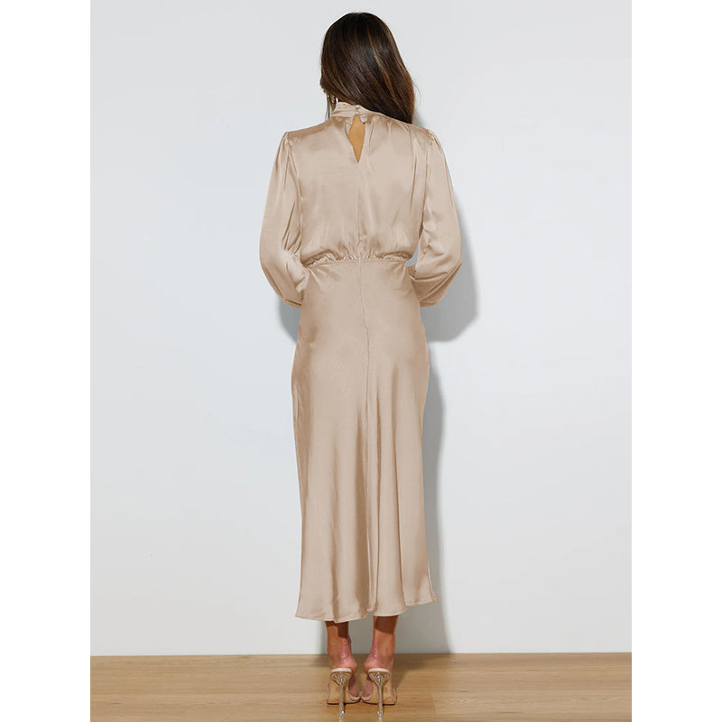 Beige High Neck Puffed Sleeves Blouson Maxi Dress