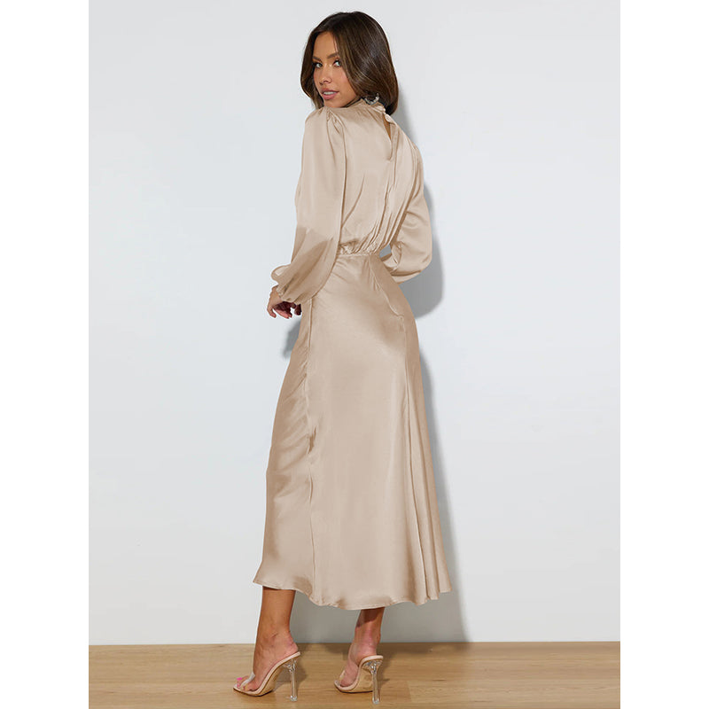 Beige High Neck Puffed Sleeves Blouson Maxi Dress