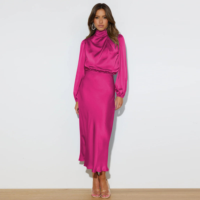 High Neck Puff Sleeves Waisted Dress Maxi Dress