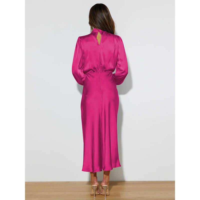 High Neck Puff Sleeves Waisted Dress Maxi Dress