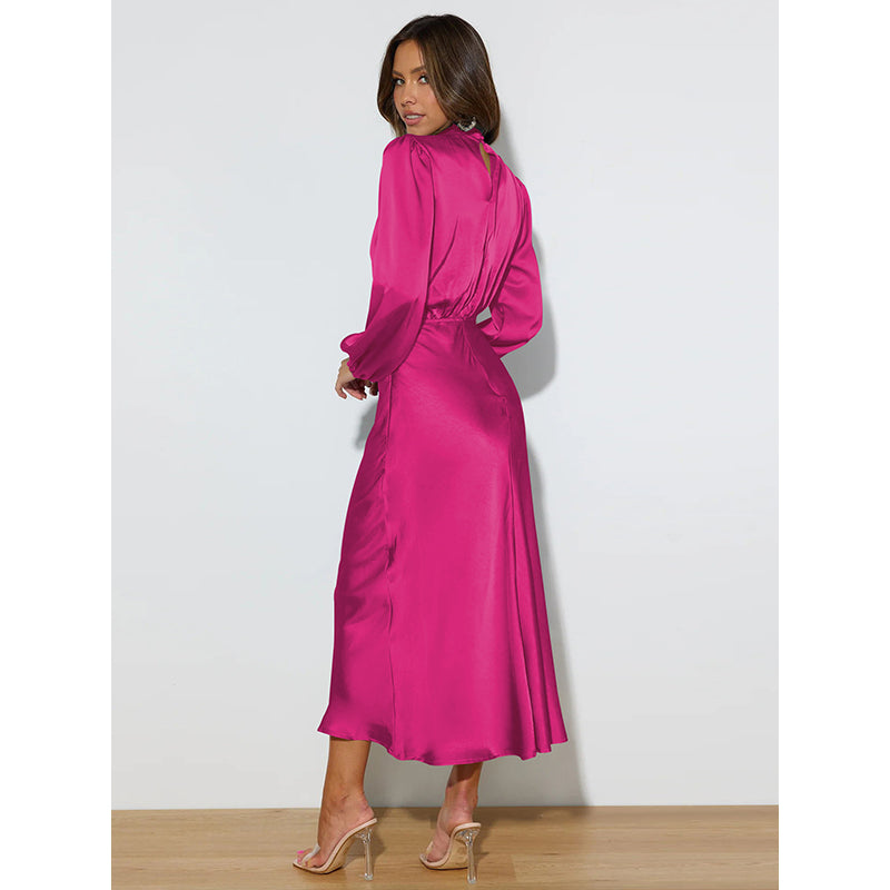 High Neck Puff Sleeves Waisted Dress Maxi Dress