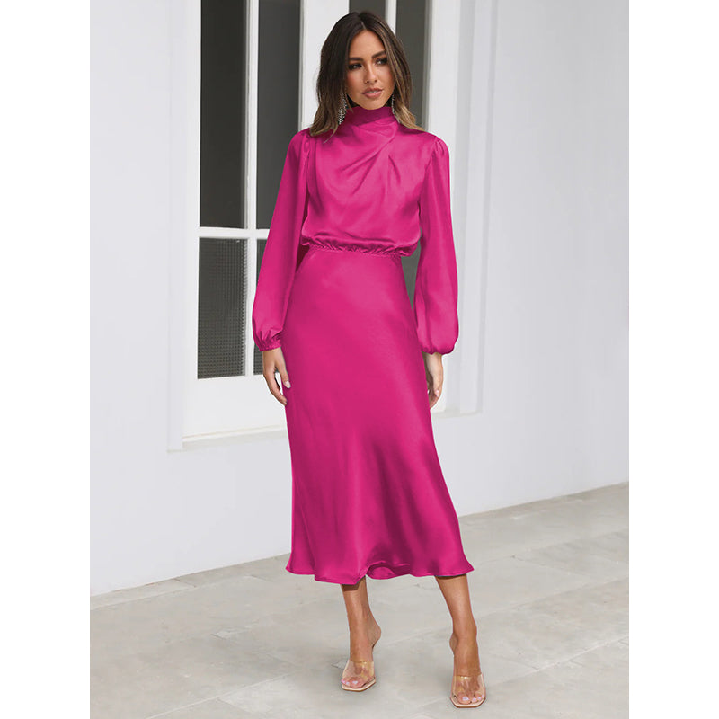 High Neck Puff Sleeves Waisted Dress Maxi Dress