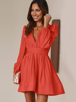 Orange V-Neck Puff Sleeves Gathered Casual Fit & Flare Dress