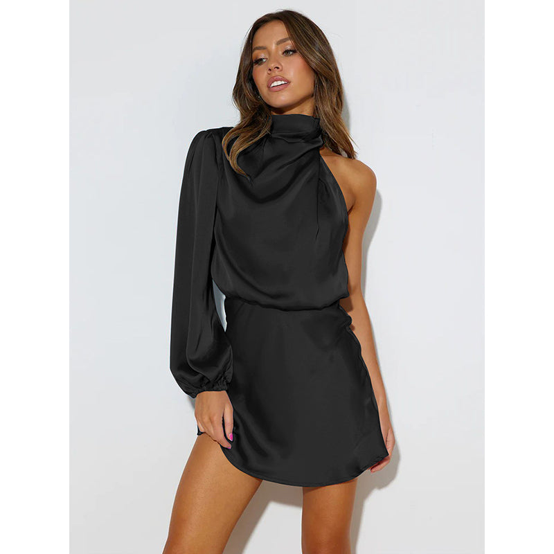 Black Cowl NeckOne Shoulder Puff Sleeves A-Line Dress
