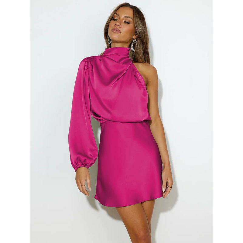 Pink High Neck Puff Sleeves Sheath Mini Dress