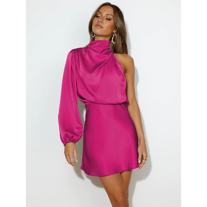 Pink High Neck Puff Sleeves Sheath Mini Dress