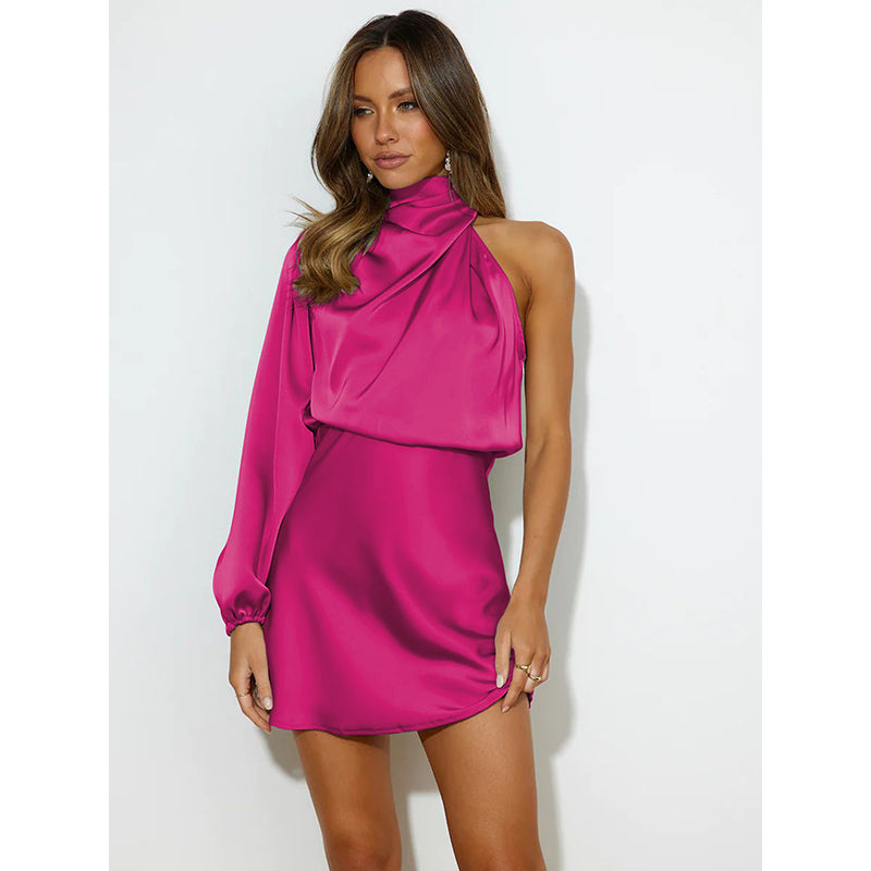 Pink High Neck Puff Sleeves Sheath Mini Dress