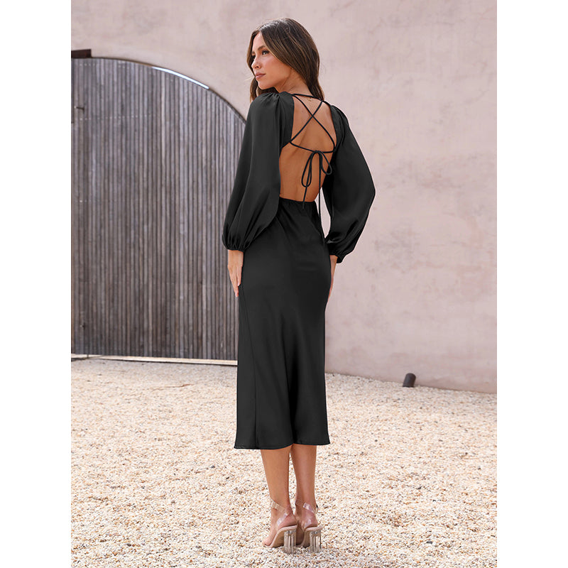 Black & raisin black Puff Sleeve Bodycon Midi Dress