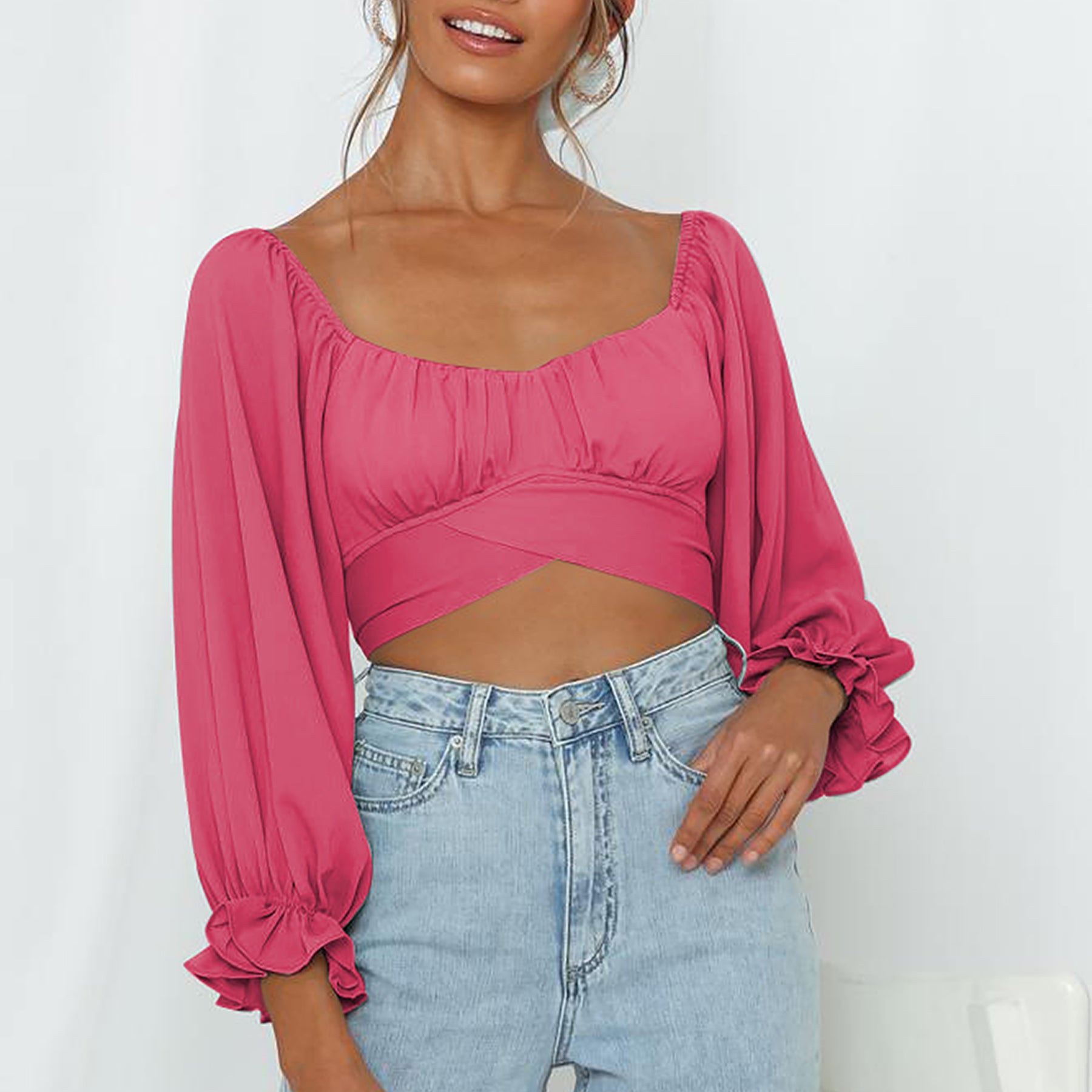 Fuchsia Sweetheart Neck Crop Top