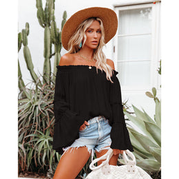 Black Off-Shoulder Bell Sleeve Bardot Top