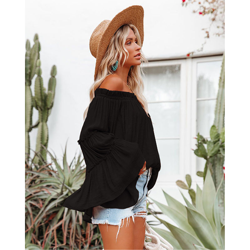 Black Off-Shoulder Bell Sleeve Bardot Top