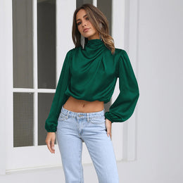 Green Cowl Neck Blouson Crop Top