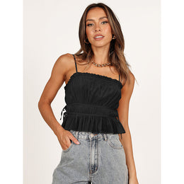 Black Square Neck Gathered Top