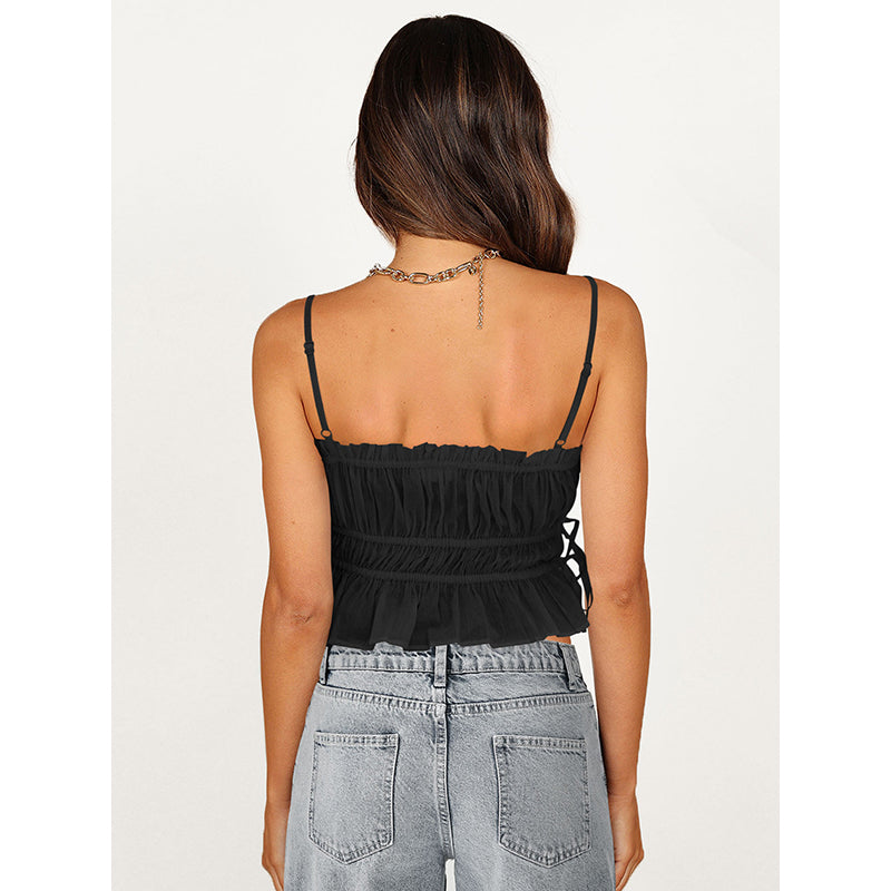 Black Square Neck Gathered Top