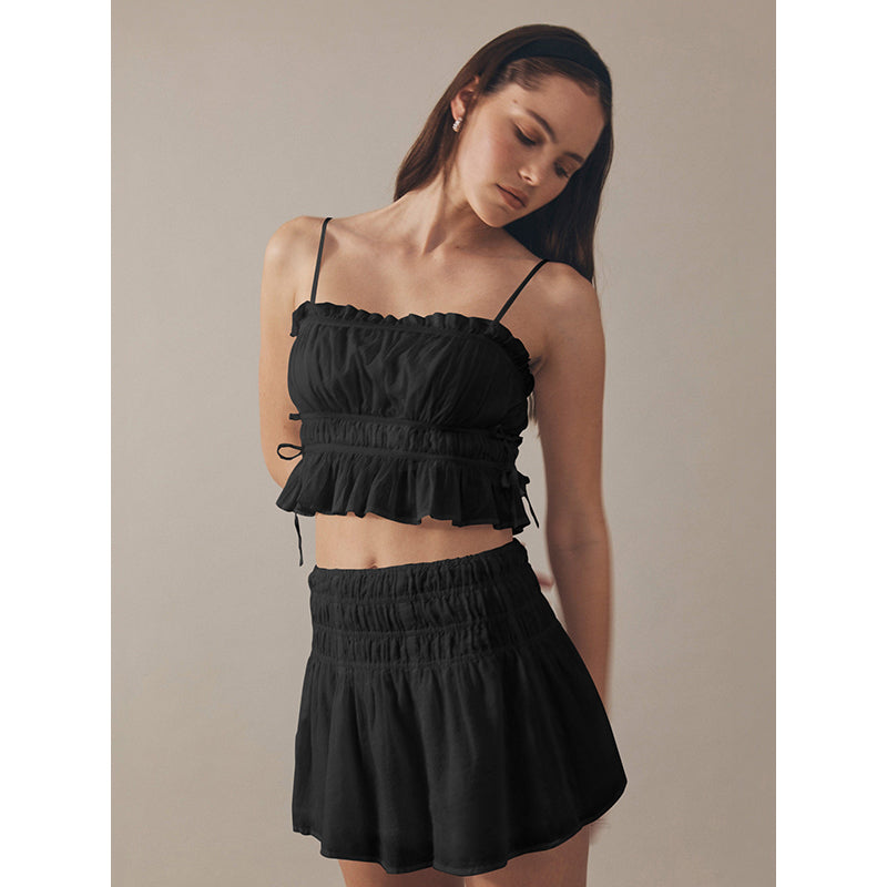 Black Square Neck Gathered Top