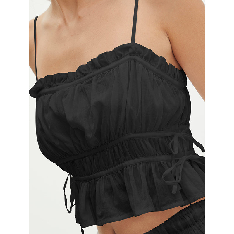 Black Square Neck Gathered Top