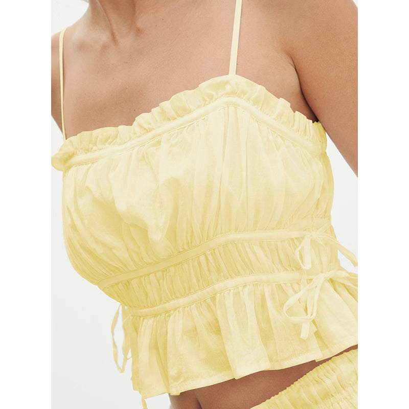 Yellow Square Neck Cinched Waist Crop Top