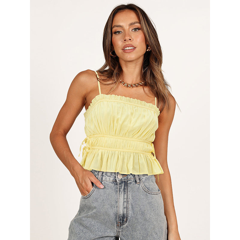 Yellow Square Neck Cinched Waist Crop Top