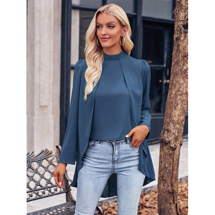 Blue High Neck Puff Sleeves Layered High-Low Top