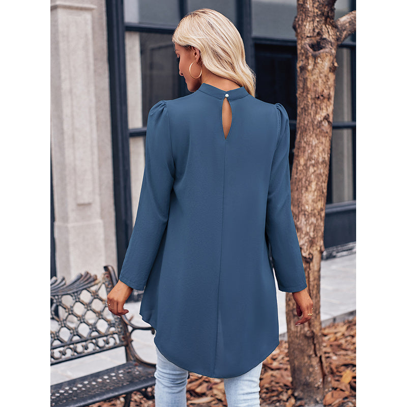 Blue High Neck Puff Sleeves Layered High-Low Top