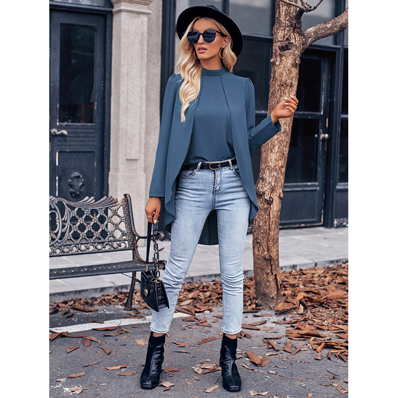 Blue High Neck Puff Sleeves Layered High-Low Top
