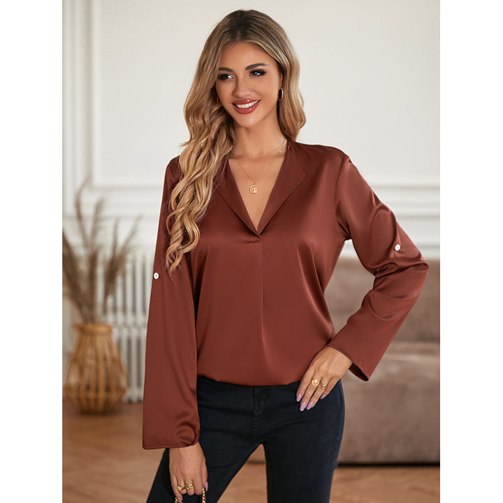 Brown V-Neck Long Sleeves Regular Top
