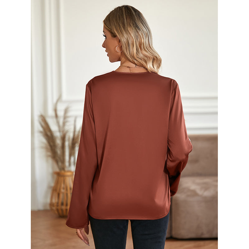 Brown V-Neck Long Sleeves Regular Top