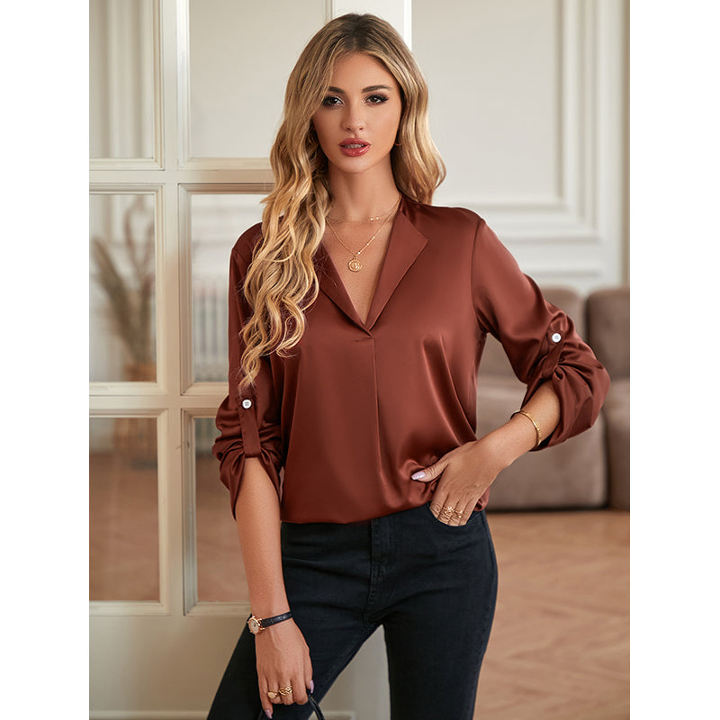 Brown V-Neck Long Sleeves Regular Top