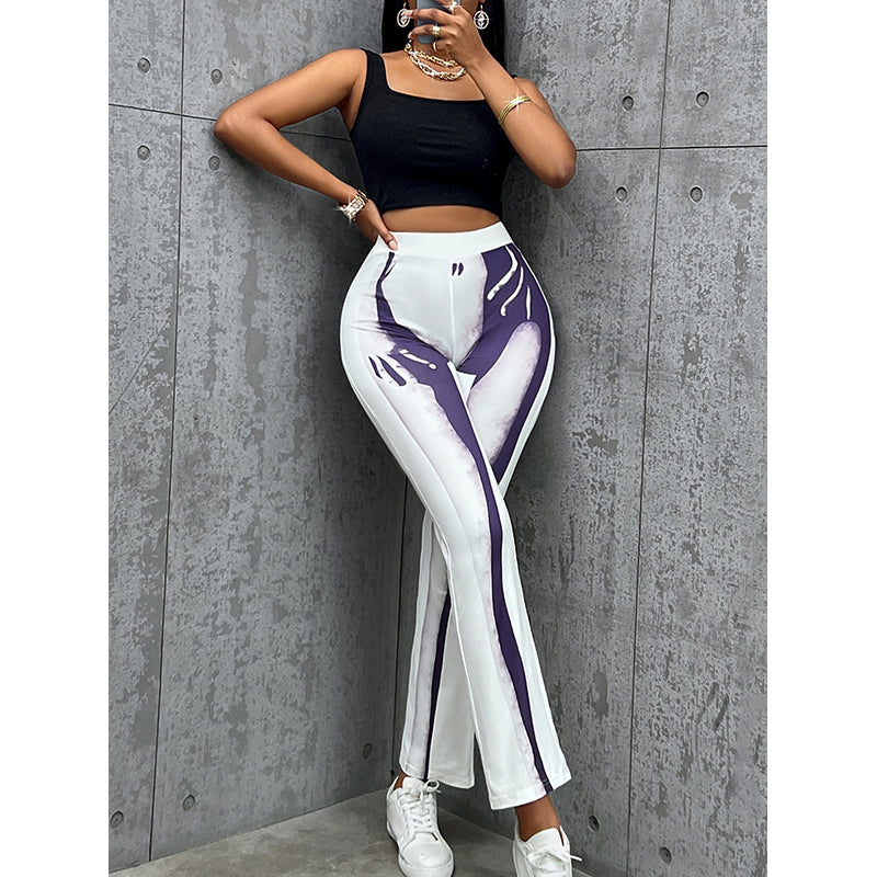 Women White Easy Wash Abstract Printed High-Rise Trousers