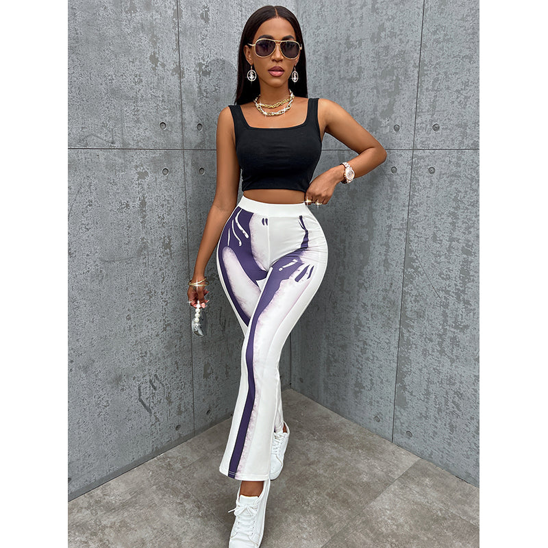 Women White Easy Wash Abstract Printed High-Rise Trousers