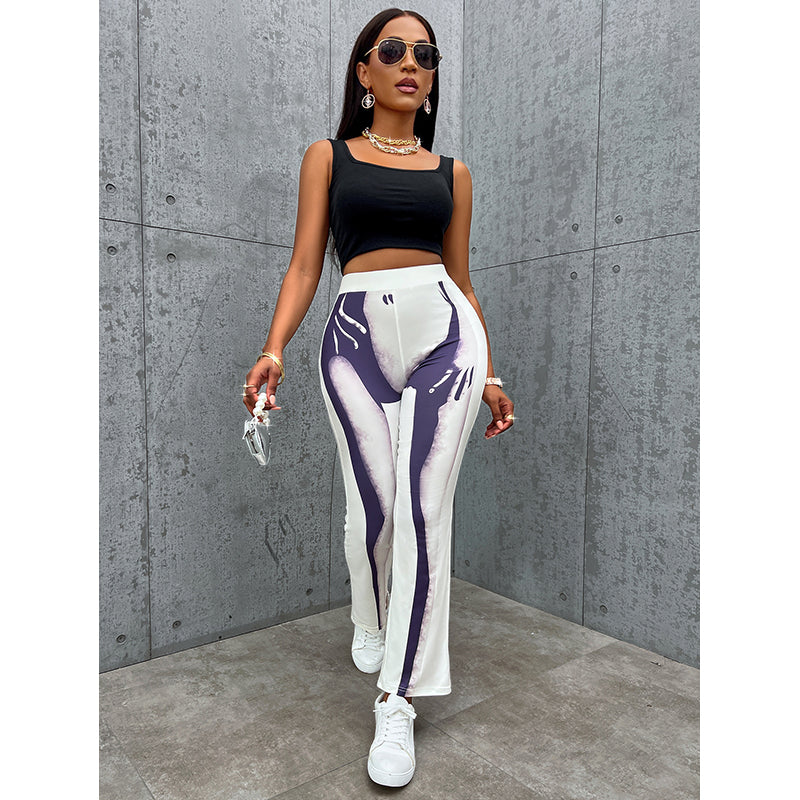 Women White Easy Wash Abstract Printed High-Rise Trousers