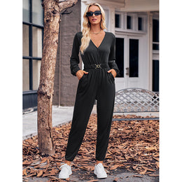Black V-Neck Long Sleeves Waist Tie-Ups Basic Jumpsuit