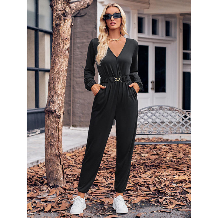 Black V-Neck Long Sleeves Waist Tie-Ups Basic Jumpsuit