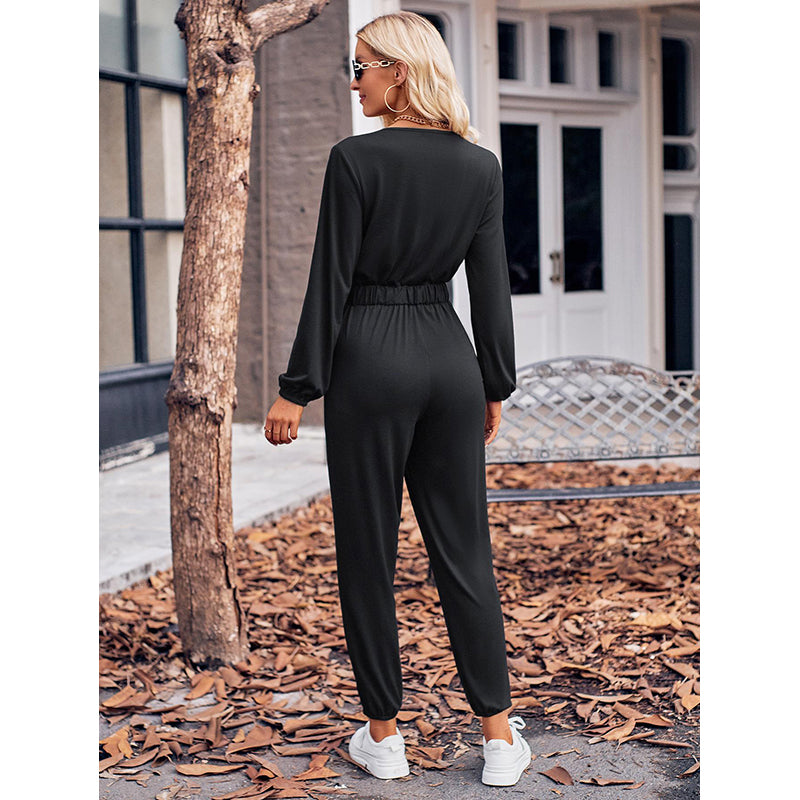 Black V-Neck Long Sleeves Waist Tie-Ups Basic Jumpsuit