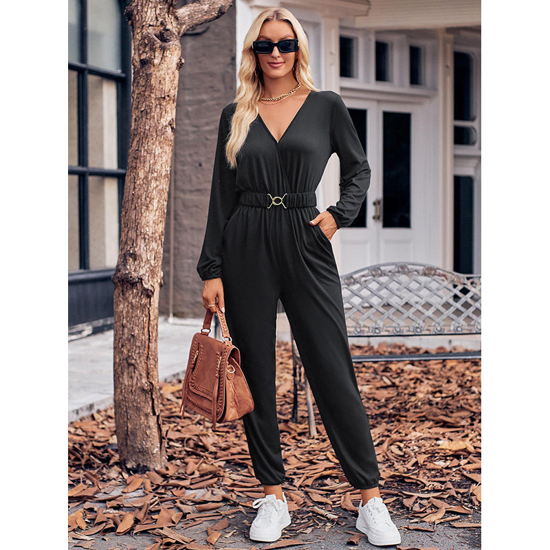 Black V-Neck Long Sleeves Waist Tie-Ups Basic Jumpsuit