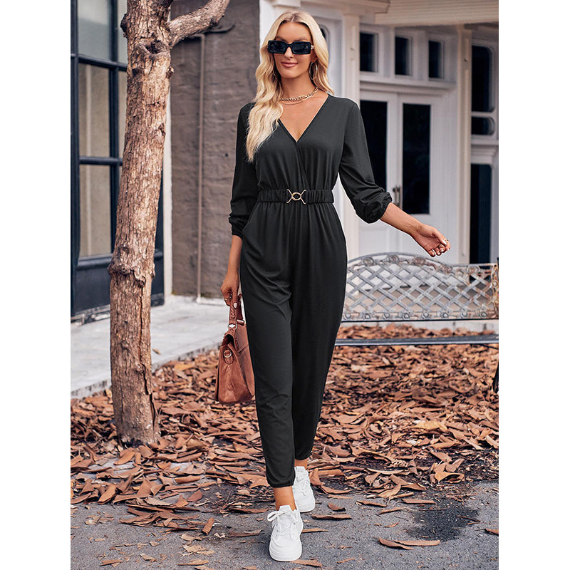 Black V-Neck Long Sleeves Waist Tie-Ups Basic Jumpsuit