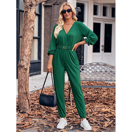 Green V-Neck Long Sleeves Waist Tie-Ups Basic Jumpsuit