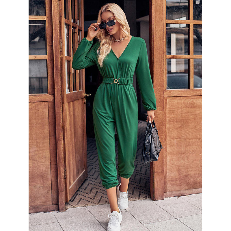 Green V-Neck Long Sleeves Waist Tie-Ups Basic Jumpsuit