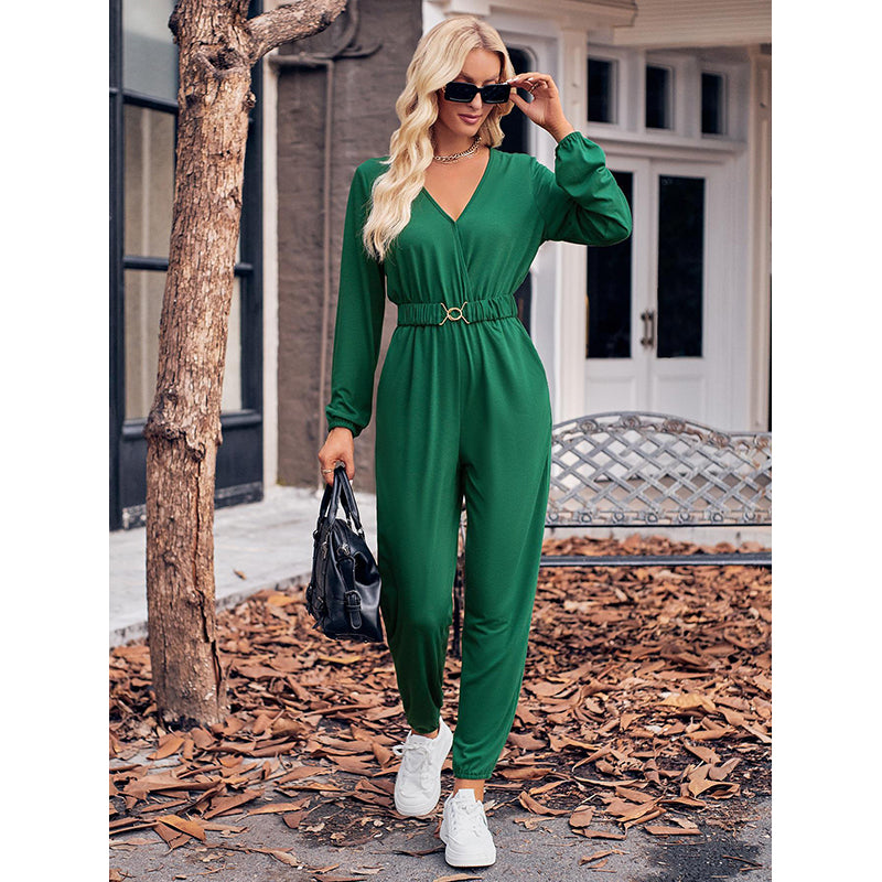 Green V-Neck Long Sleeves Waist Tie-Ups Basic Jumpsuit
