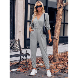 Grey V-Neck Long Sleeves Waist Tie-Ups Basic Jumpsuit