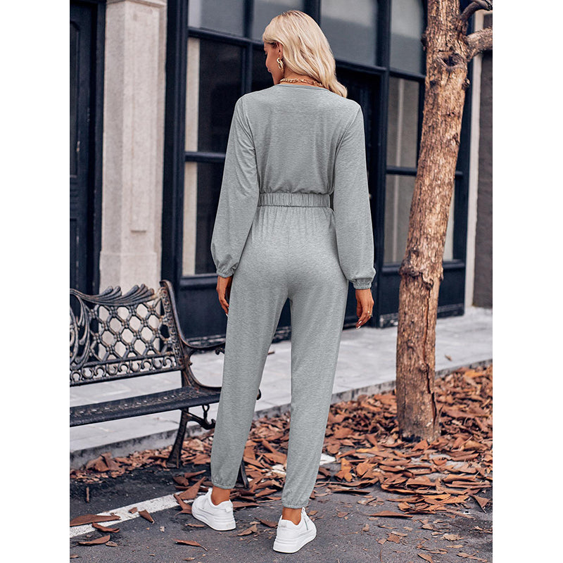 Grey V-Neck Long Sleeves Waist Tie-Ups Basic Jumpsuit